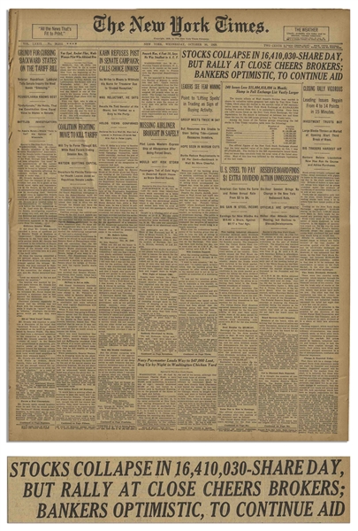 The New York Times From 30 October 1929 Reporting on Black Tuesday, the Stock Market Crash of 1929 With Headline Stocks Collapse in 16,410,030-Share Day
